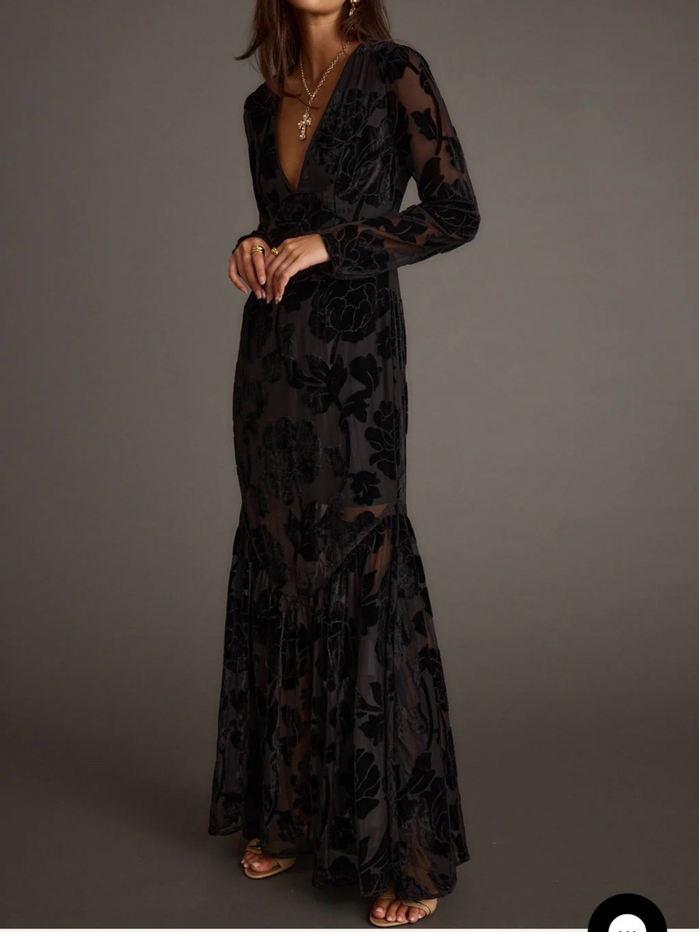 12th Tribe Black Floral Burnout V-Neck Long Sleeve Maxi Dress